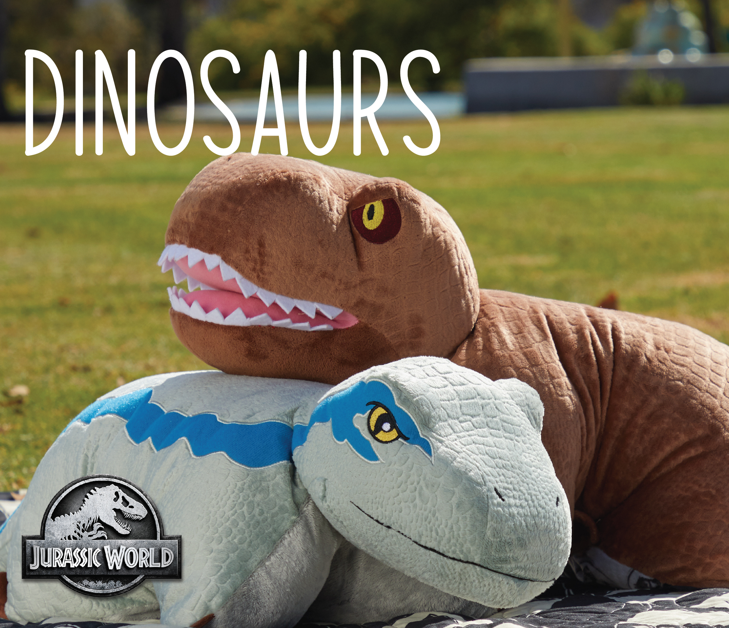 Click here to view Dinosaur Pillow Pets, highlighting the Universal Studios Jurassic World Blue Velociraptor and brown Trex Dinosaur Pillow Pets.