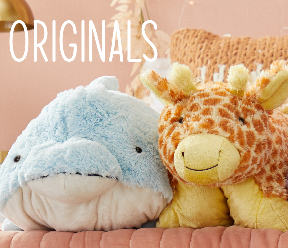Click here to shop Original Pillow Pets, highlighting the blue Squeaky Dolphin Pillow Pet, and the yellow and orange Jolly Giraffe Pillow Pet.