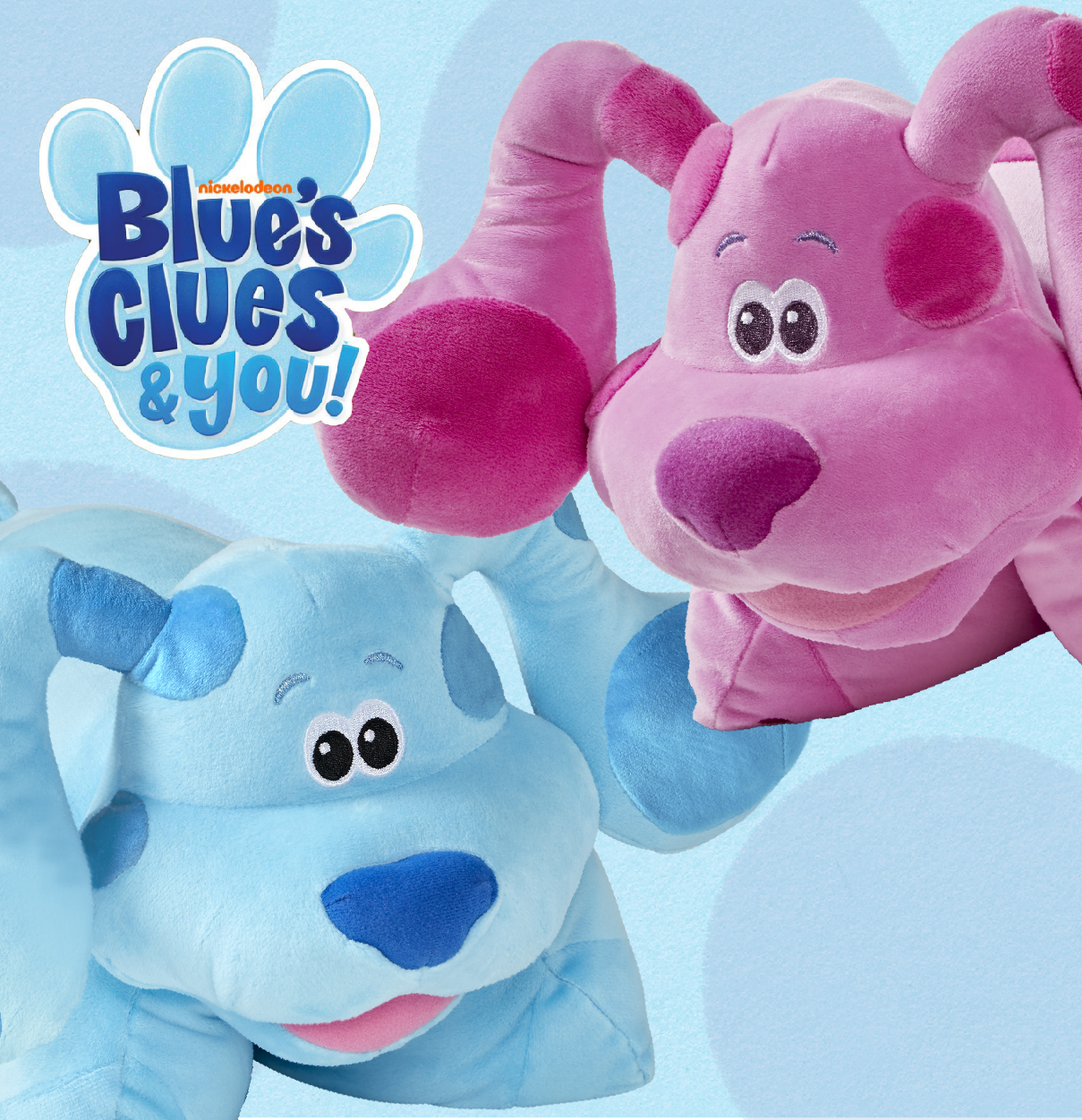 Blues Clues & You Pillow Pets Category, showing Blue the blue puppy and Magenta the pink puppy Pillow Pets.